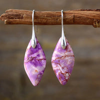 Purple Imperial Jasper Leaf Dangle Earrings - silver hooks - ALLORA JADE