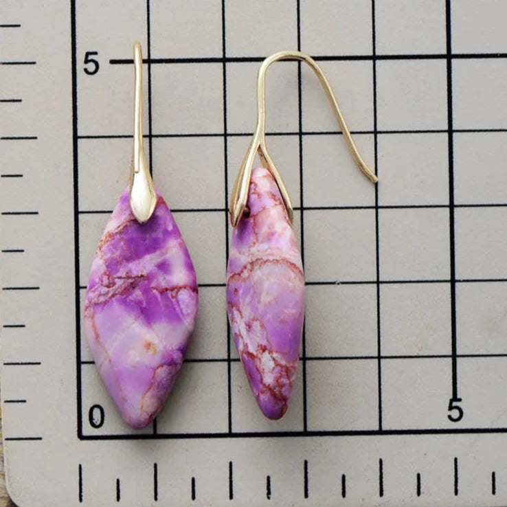 Purple Imperial Jasper Leaf Dangle Earrings - size guide - ALLORA JADE