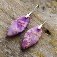 Purple Imperial Jasper Leaf Dangle Earrings on a wooden surface - women's earrings - ALLORA JADE