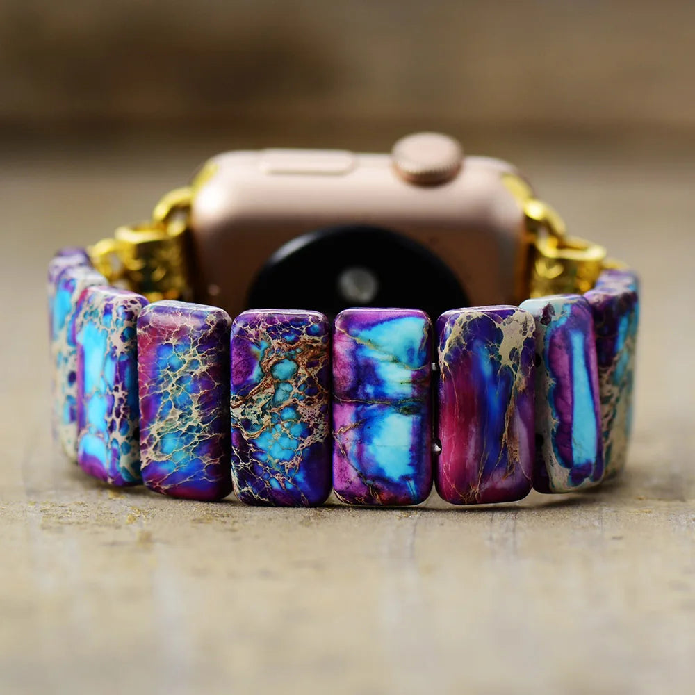 Multicolored marbled bracelet on a blurred background. Purple Aqua Jasper Stretchy Apple Watch Band - gold | ALLORA JADE