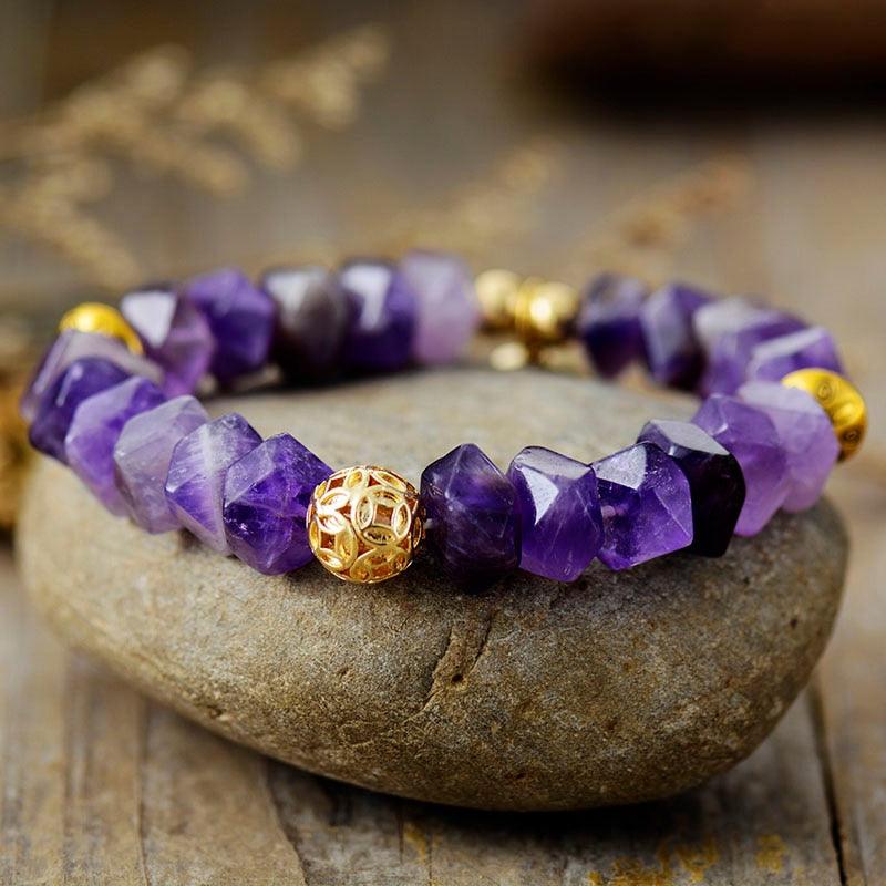 Amethyst Stretchy Bracelet with Evil Eye Charm - Womens Bracelets Crystal Bracelet - Allora Jade