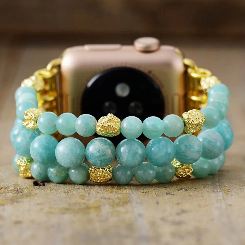Amazonite Gold Beads Stretchy Apple Watch Band - Apple Watch Bands - Allora Jade