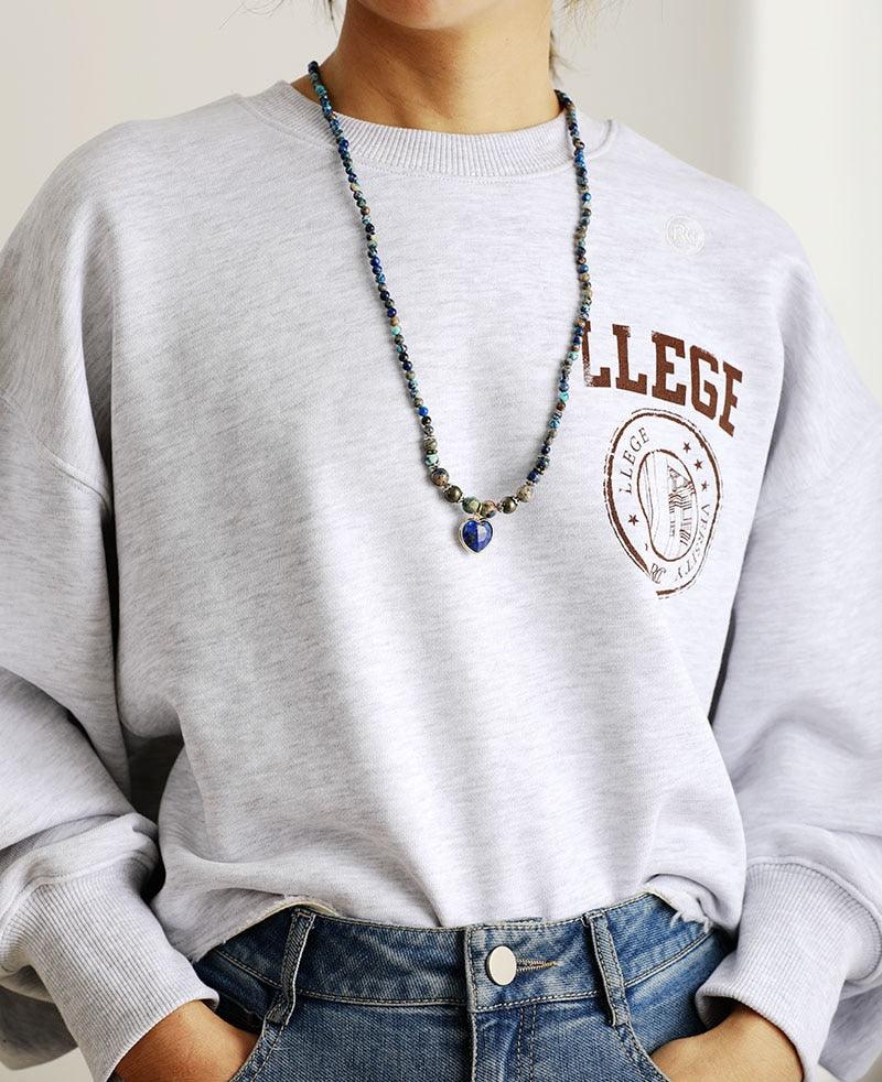 Jasper & Lapis Lazuli Heart Charm Wrap Bracelet–Necklace worn as a necklace with blue jasper beads and faceted lapis heart pendant. - Allora Jade