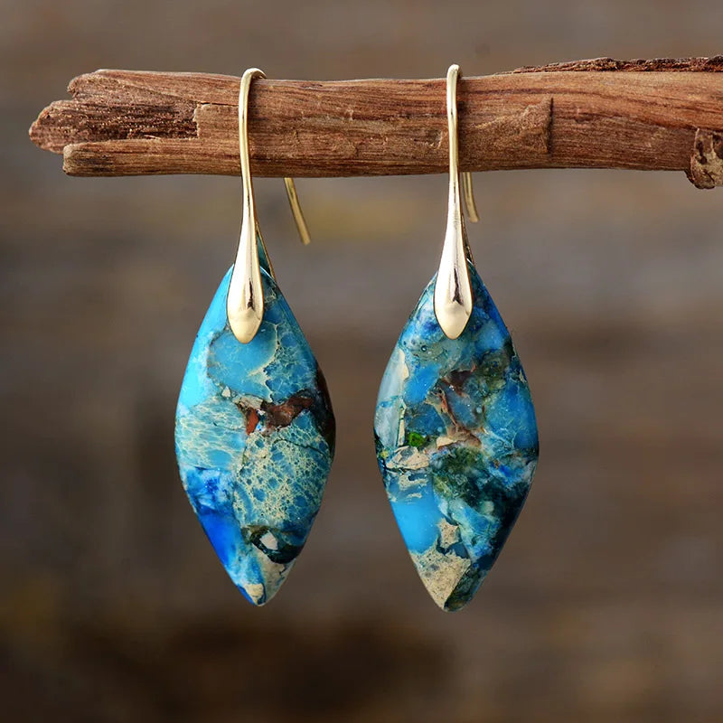Blue Imperial Jasper Leaf Earrings Gold Silver Hooks ALLORA
