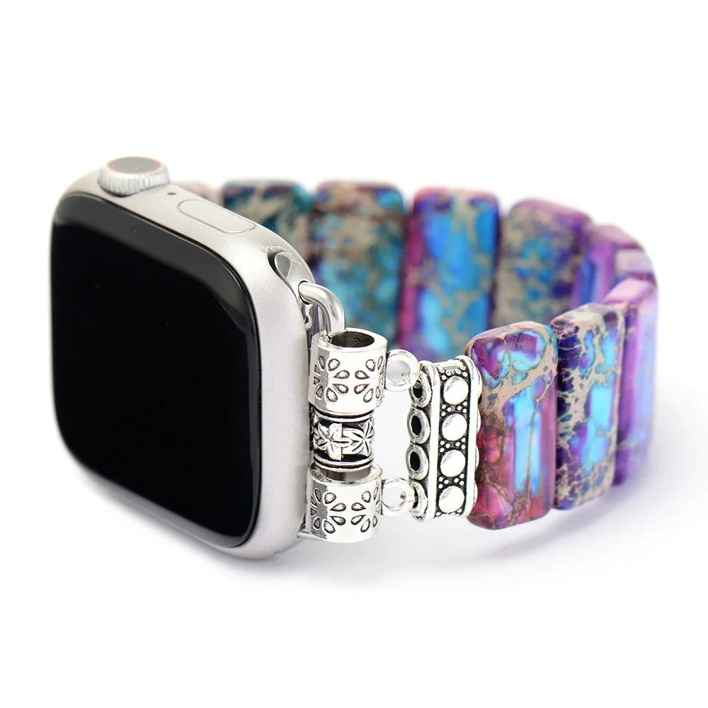 Smartwatch with a colorful beaded bracelet on a white background. Purple Aqua Jasper Stretchy Apple Watch Band - silver | ALLORA JADE