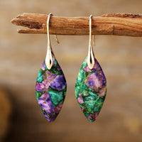 Handmade Mystic Jasper Leaf Earrings with gold hook – natural crystal jewellery | ALLORA JADE