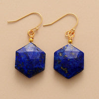 Hexagonal Lapis Lazuli gemstone earrings with gold hooks | ALLORA JADE