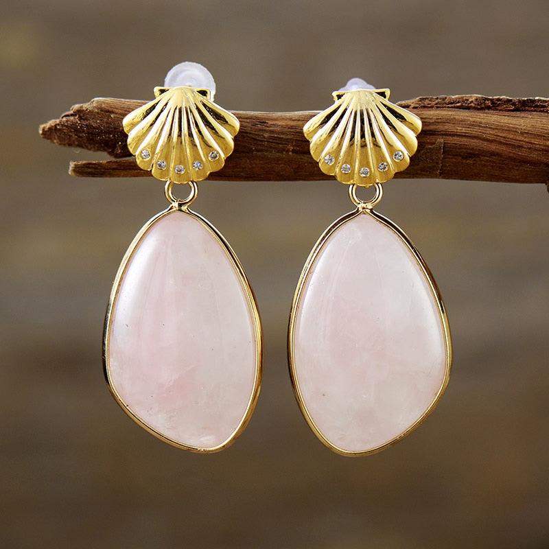 'Shells' Rose Quartz Drop Earrings - Womens Earrings Crystal Earrings - Allora Jade