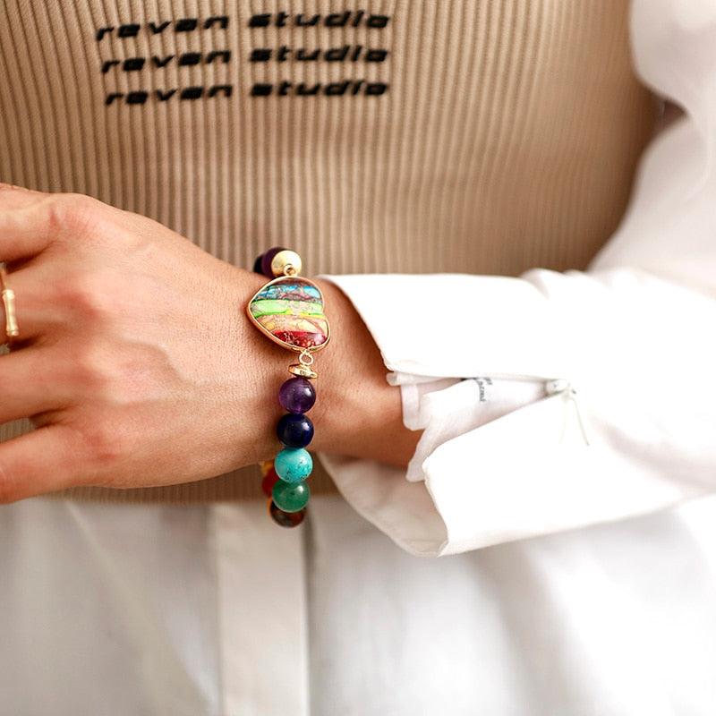 'Chakra Beads' & Jasper Heart Stretchy Bracelet - Womens Bracelets Crystal Bracelet - Allora Jade