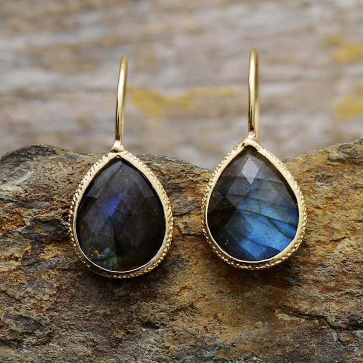 Labradorite Teardrop Earrings in gold frame – ALLORA JADE handmade jewellery