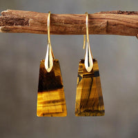 A pair of gold-colored brass earrings with Tiger's Eye stone, displayed hanging on a wooden branch. | ALLORA JADE