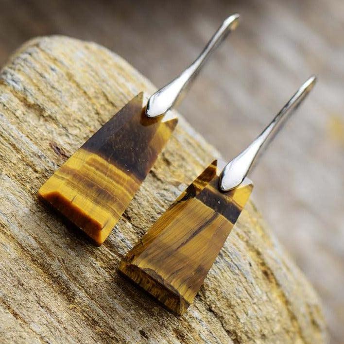 Tiger’s Eye Ascend Earrings – handmade gemstone earrings with golden-brown Tiger’s Eye stones on neutral background. | ALLORA JADE