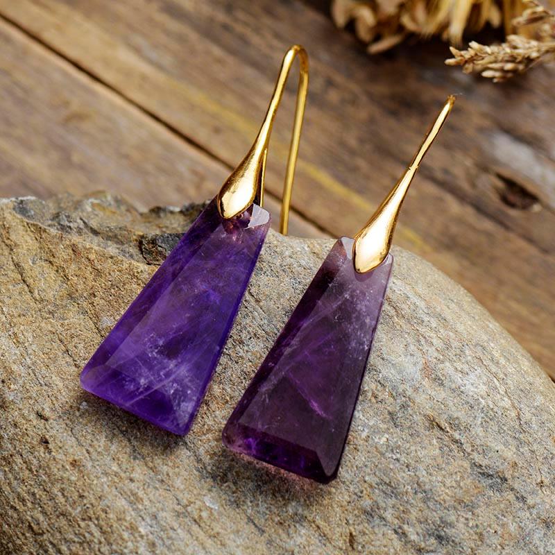 Amethyst Ascend Earrings – handmade gemstone earrings with faceted purple stones on neutral background. | ALLORA JADE