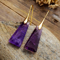 Amethyst Ascend Earrings – handmade gemstone earrings with faceted purple stones on neutral background. | ALLORA JADE