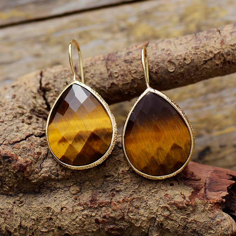 Faceted Tiger’s Eye earrings framed in gold – grounding crystal jewellery | ALLORA JADE