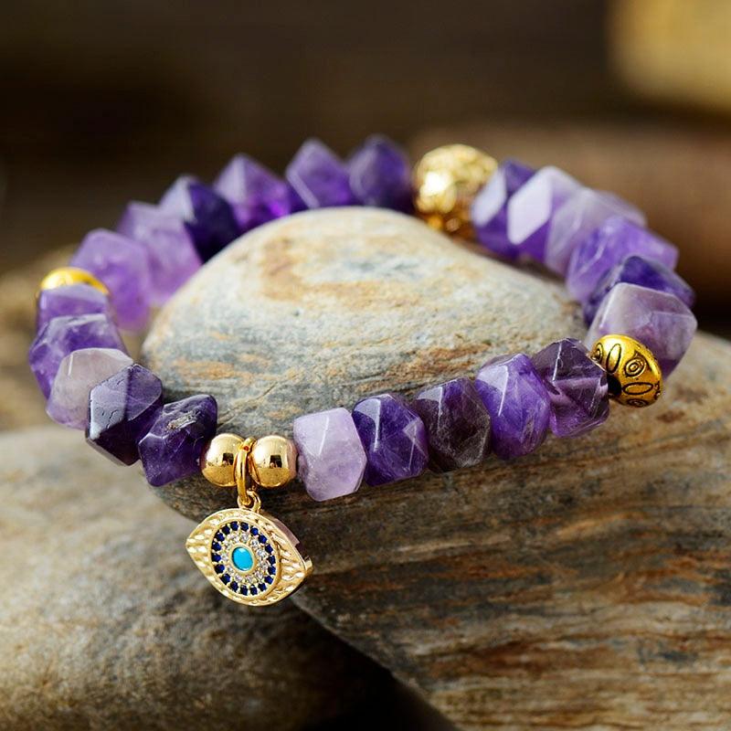 Amethyst Stretchy Bracelet with Evil Eye Charm - Womens Bracelets Crystal Bracelet - Allora Jade