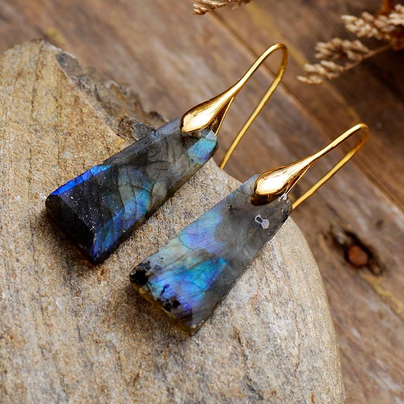 Labradorite Ascend Earrings – handmade gold gemstone earrings with faceted iridescent stones on neutral background. ALLORA JADE