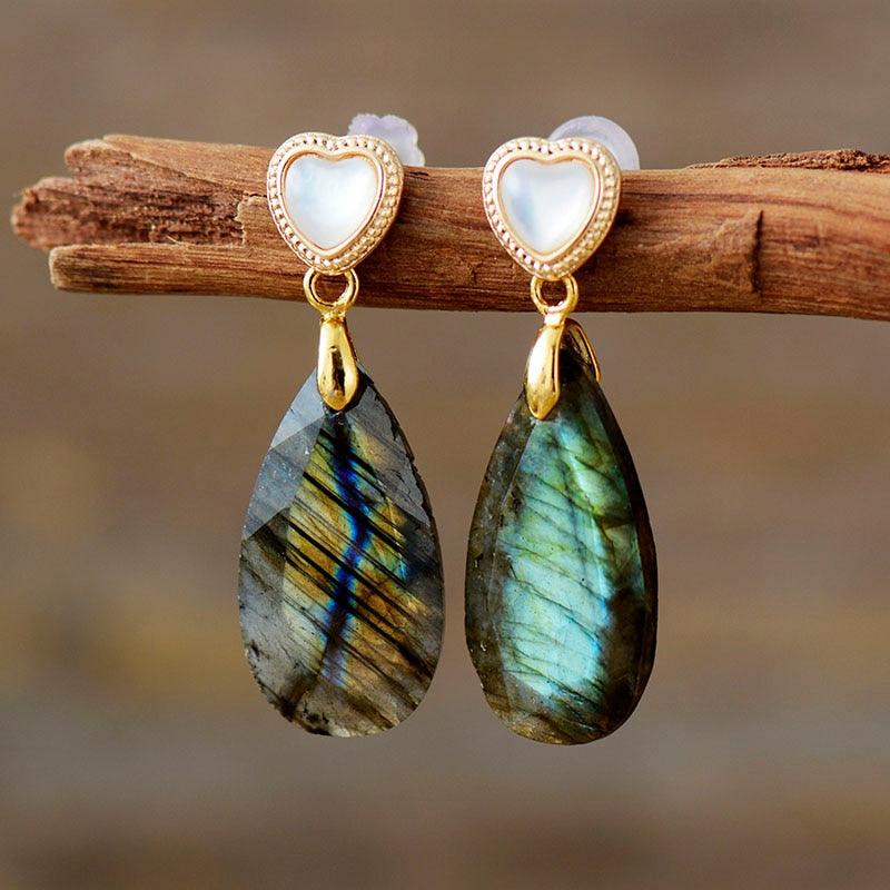'Heart Drops' Labradorite Earrings - Womens Earrings Crystal Earrings - Allora Jade