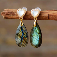 'Heart Drops' Labradorite Earrings - Womens Earrings Crystal Earrings - Allora Jade