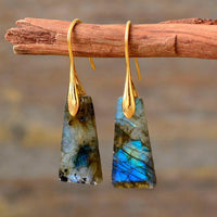 A pair of Labradorite earrings with gold-colored brass hooks, displayed hanging on a wooden branch against an outdoor backdrop. ALLORA JADE