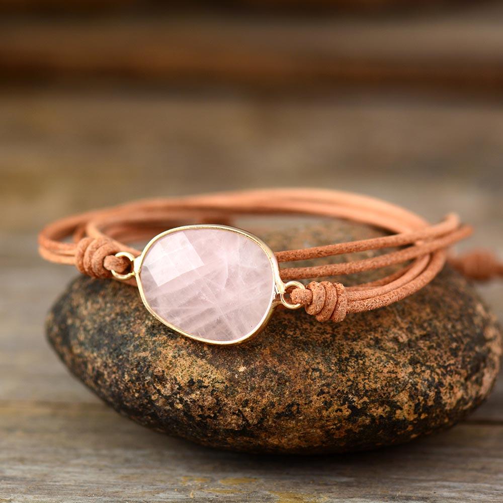 Natural Rose Quartz Charm Leather Wrap Bracelet - Womens Bracelets Crystal Bracelet - Allora Jade