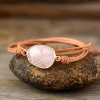 Natural Rose Quartz Charm Leather Wrap Bracelet - Womens Bracelets Crystal Bracelet - Allora Jade