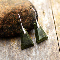 Close-up showing marbled detail and pyramid-cut stone. Green Jasper Ascend Earrings | ALLORA JADE