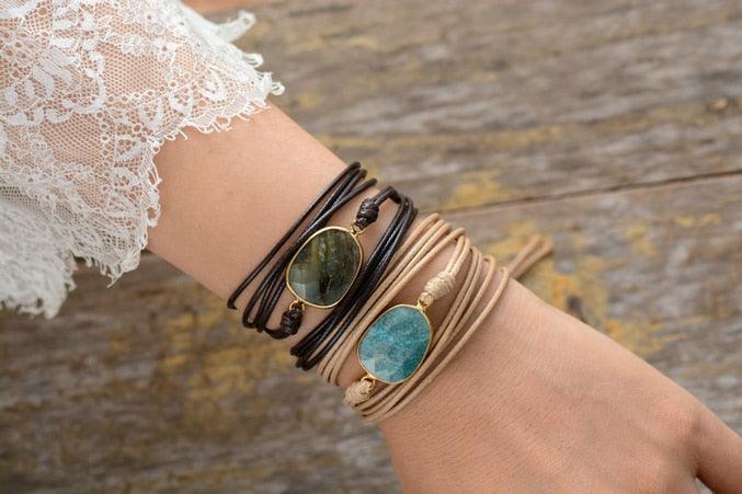 Natural Labradorite Charm Wax Cord Wrap Bracelet - 2 colours - Womens Bracelets Crystal Bracelet - Allora Jade