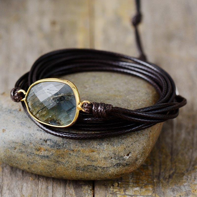 Natural Labradorite Charm Wax Cord Wrap Bracelet - 2 colours - Womens Bracelets Crystal Bracelet - Allora Jade