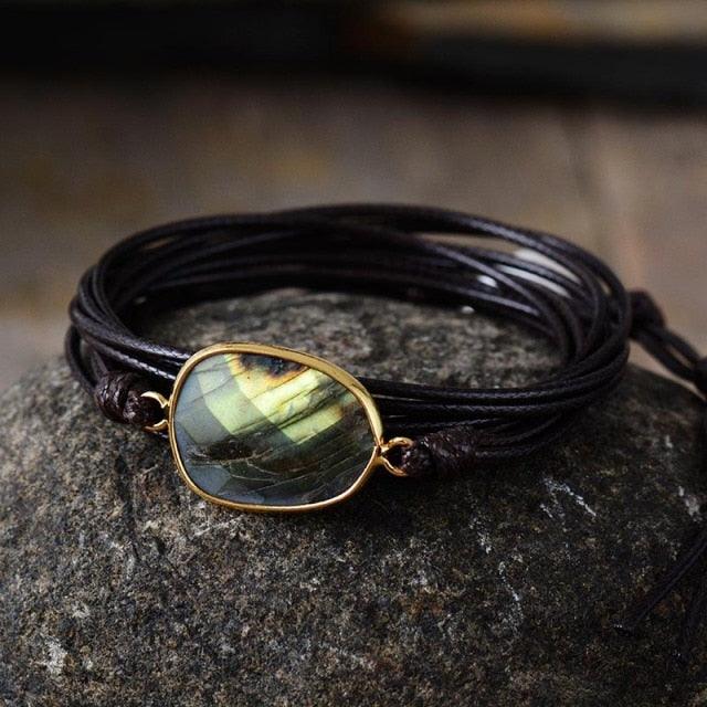 Natural Labradorite Charm Wax Cord Wrap Bracelet - 2 colours - Womens Bracelets Crystal Bracelet - Allora Jade