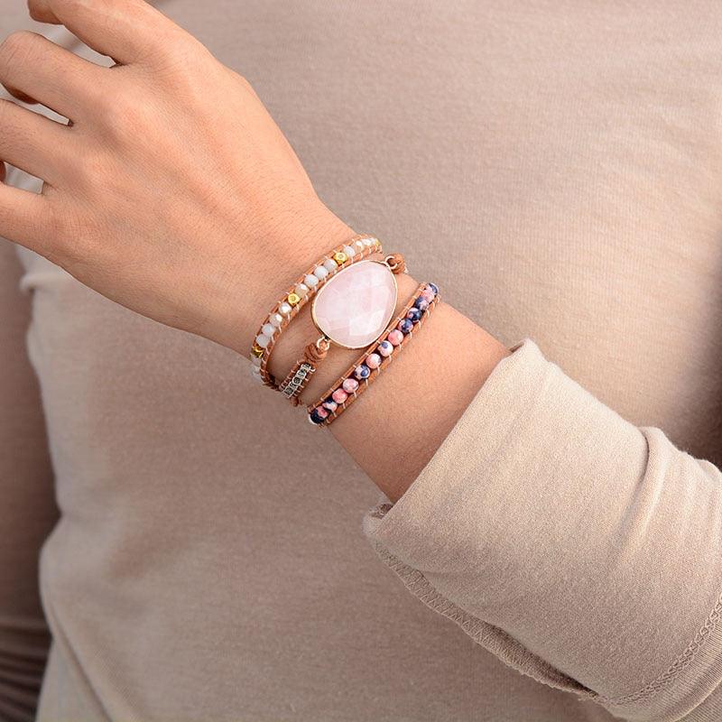 Jasper & Rose Quartz Charm Wrap Bracelet - Womens Bracelets Crystal Bracelet - Allora Jade