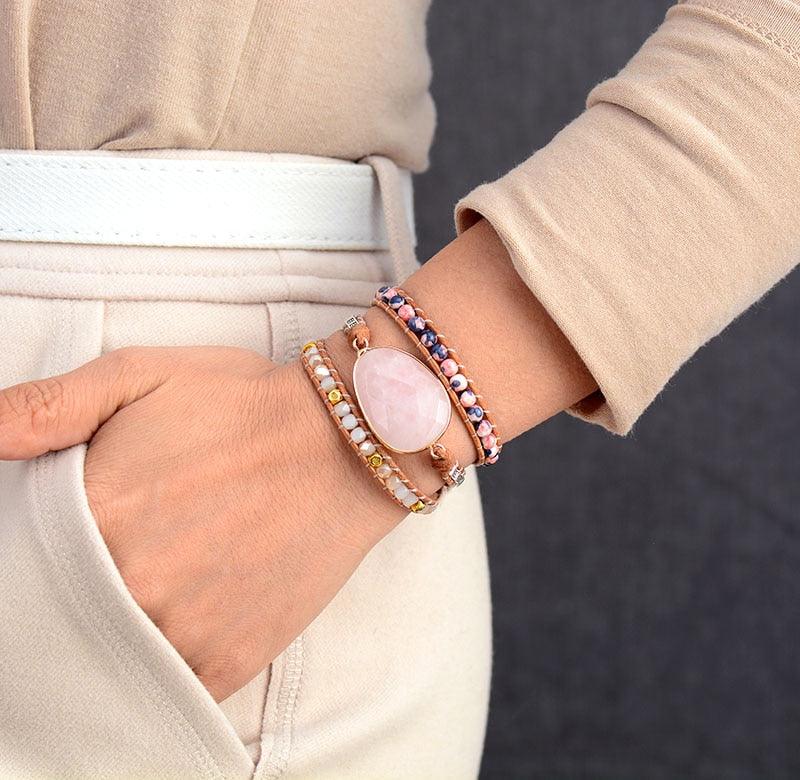 Jasper & Rose Quartz Charm Wrap Bracelet - Womens Bracelets Crystal Bracelet - Allora Jade
