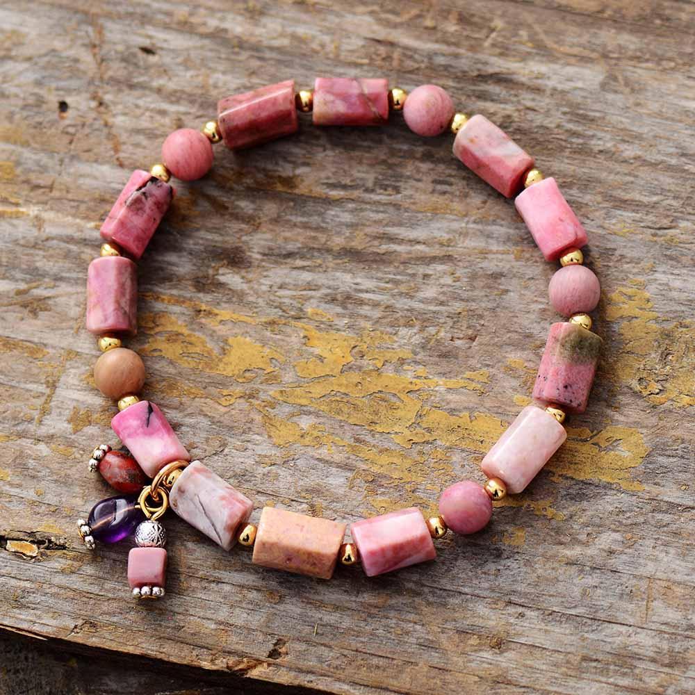 Rhodonite Beaded Stretchy Bracelet w/ Charms - Womens Bracelets Crystal Bracelet - Allora Jade