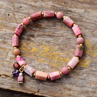 Rhodonite Beaded Stretchy Bracelet w/ Charms - Womens Bracelets Crystal Bracelet - Allora Jade
