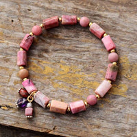Rhodonite Beaded Stretchy Bracelet w/ Charms - Womens Bracelets Crystal Bracelet - Allora Jade