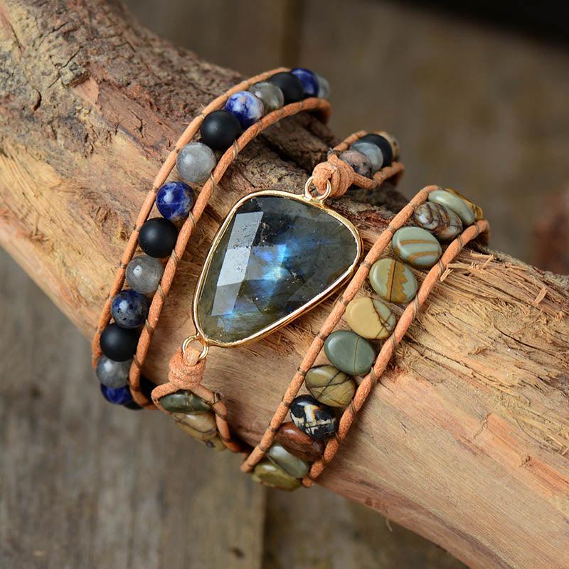 Jasper, Agate & Labradorite Charm Wrap Bracelet - Womens Bracelets Crystal Bracelet - Allora Jade
