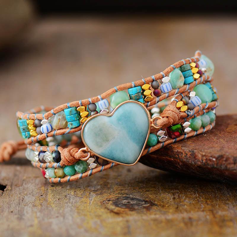 Jasper & Amazonite Heart Charm Wrap Bracelet - Womens Bracelets Crystal Bracelet - Allora Jade