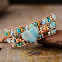 Jasper & Amazonite Heart Charm Wrap Bracelet - Womens Bracelets Crystal Bracelet - Allora Jade