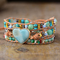 Jasper & Amazonite Heart Charm Wrap Bracelet - Womens Bracelets Crystal Bracelet - Allora Jade