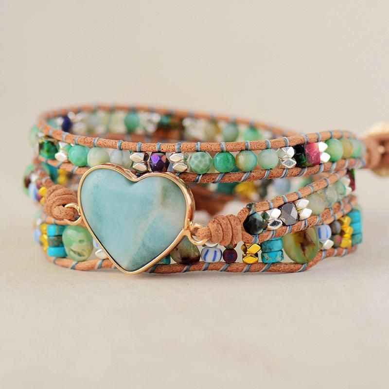 Jasper & Amazonite Heart Charm Wrap Bracelet - Womens Bracelets Crystal Bracelet - Allora Jade