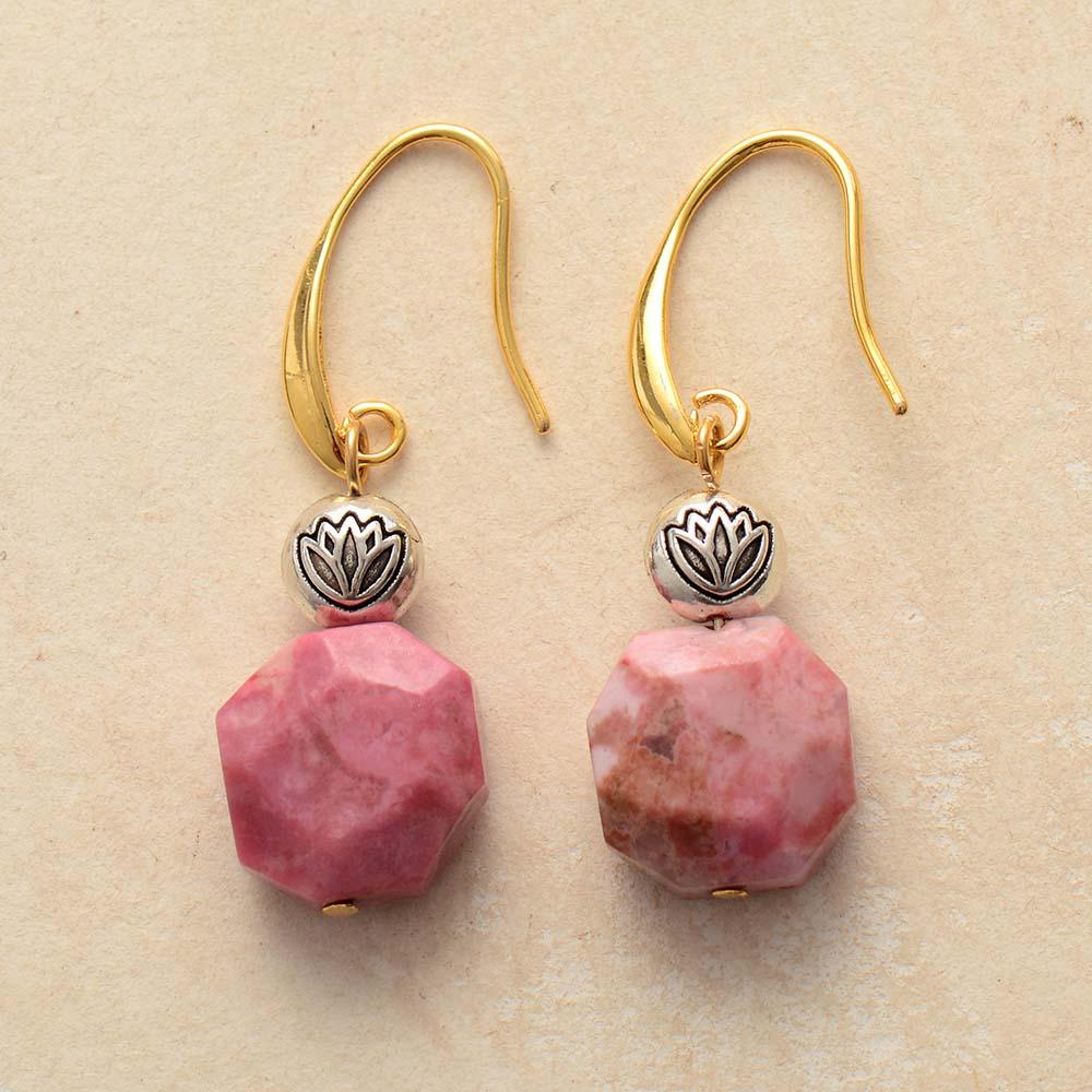 'Lotus Bead' Rhodonite Drop Earrings - Womens Earrings Crystal Earrings - Allora Jade
