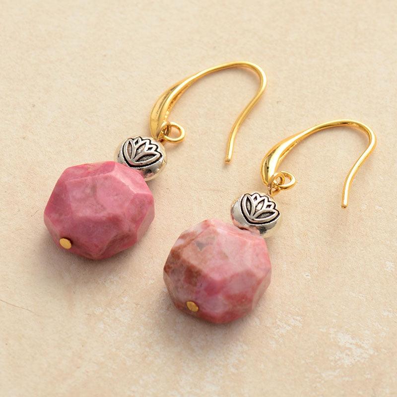 'Lotus Bead' Rhodonite Drop Earrings - Womens Earrings Crystal Earrings - Allora Jade
