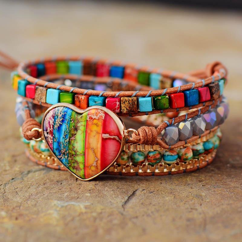 Agate & Jasper Heart Charm Wrap Bracelet - Womens Bracelets Crystal Bracelet - Allora Jade