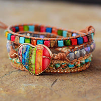 Agate & Jasper Heart Charm Wrap Bracelet - Womens Bracelets Crystal Bracelet - Allora Jade