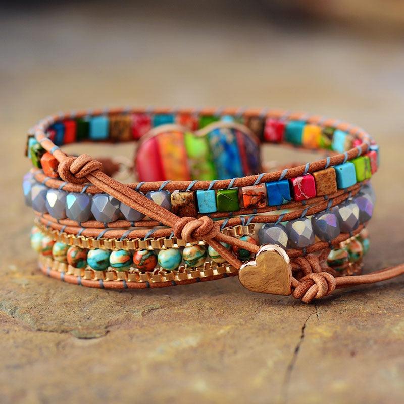 Agate & Jasper Heart Charm Wrap Bracelet - Womens Bracelets Crystal Bracelet - Allora Jade