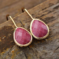 Handmade Rhodonite Teardrop Earrings pink stone in gold frame – ALLORA JADE