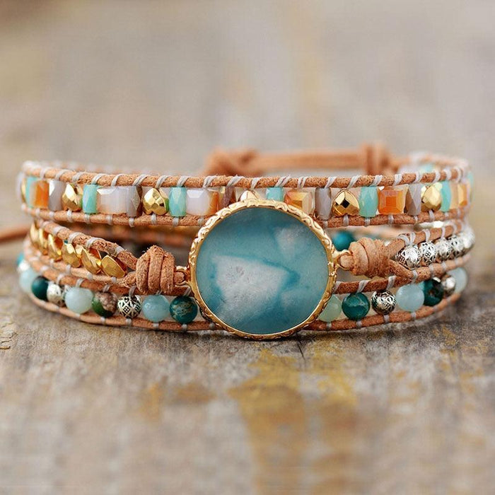 Amazonite Charm Beads and Jasper Beads Gemstone Wrap Bracelet - Allora Jade
