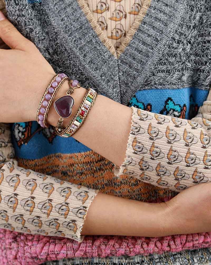 Amethyst Heart Charm & Beads Wrap Bracelet - Womens Bracelets Crystal Bracelet - Allora Jade