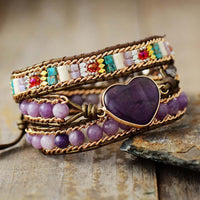 Amethyst Heart Charm & Beads Wrap Bracelet - Womens Bracelets Crystal Bracelet - Allora Jade