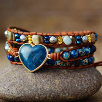 Jasper & Blue Apatite Heart Charm Wrap Bracelet - Womens Bracelets Crystal Bracelet - Allora Jade